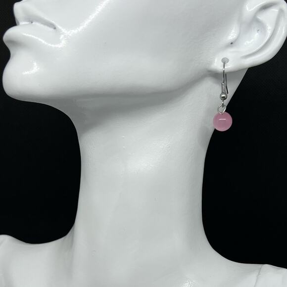 Rose Pink Cat's Eye Drop Earrings Silver Hook Dainty Spring Modern Design - Picture 1 of 5